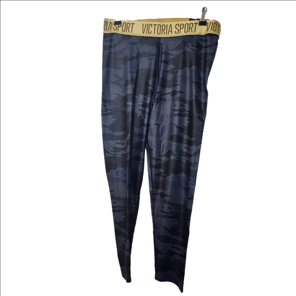 Victoria's Secret Sport Blue Camo Crop Leggings Gold Waist Size L NWT